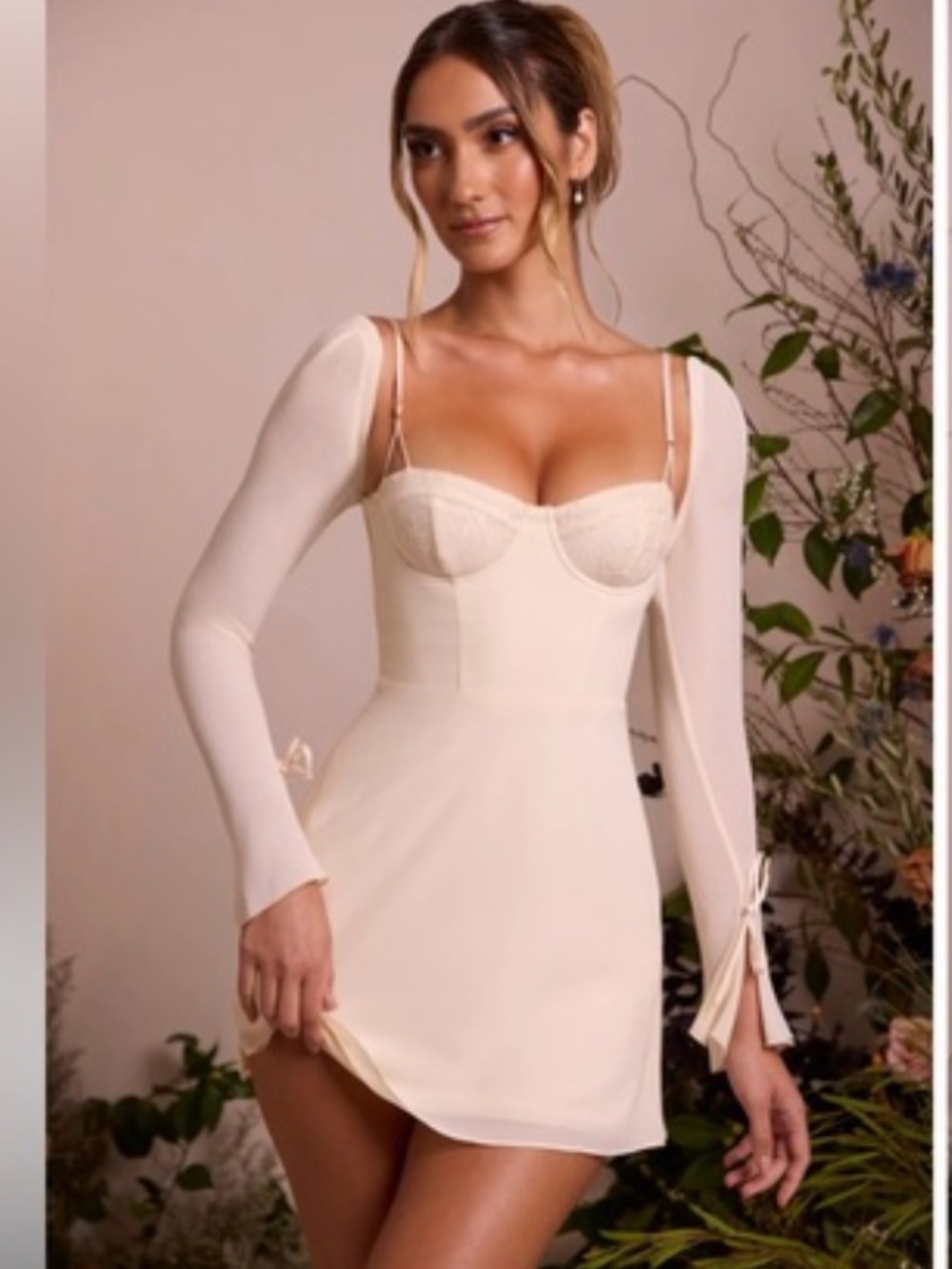 Oh Polly Vintage Ivory Lace Long Sleeve Mini Corset Dress